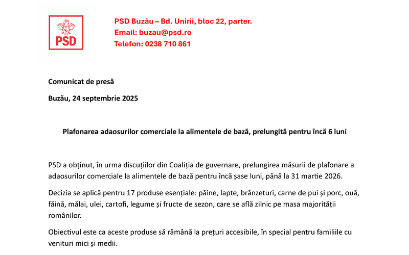 Comunicat de presă: Plafonarea adaosurilor comerciale la alimentele de bază, prelungită pentru încă 6&nbsp;luni